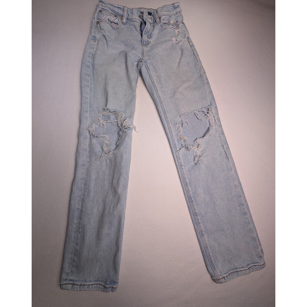 American Eagle Stretch Straight Leg Blue Jeans Distressed Size 00 - Picture 1 of 9